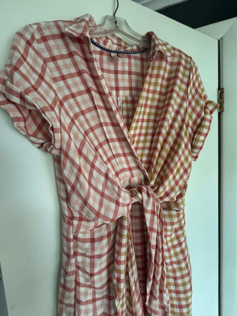 Anthropologie Plaid Tie-Front Maxi Dress in Coral and Mustard